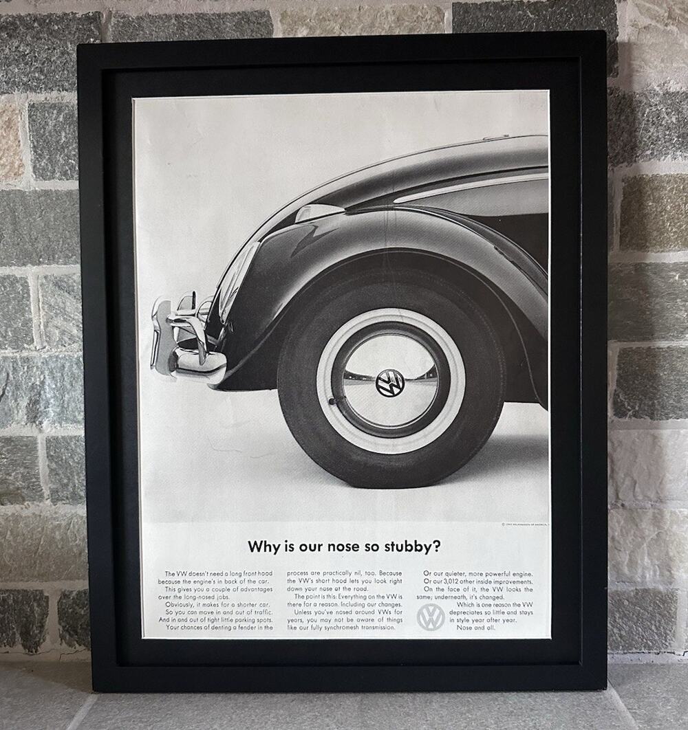 Framed 1963 Volkswagen Beetle Original Print Ad Stubby Nose
